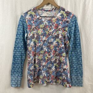 Whimsy Rose Blue Colorful Floral Long Sleeve Thermal Waffle Top Art Womens Sz M